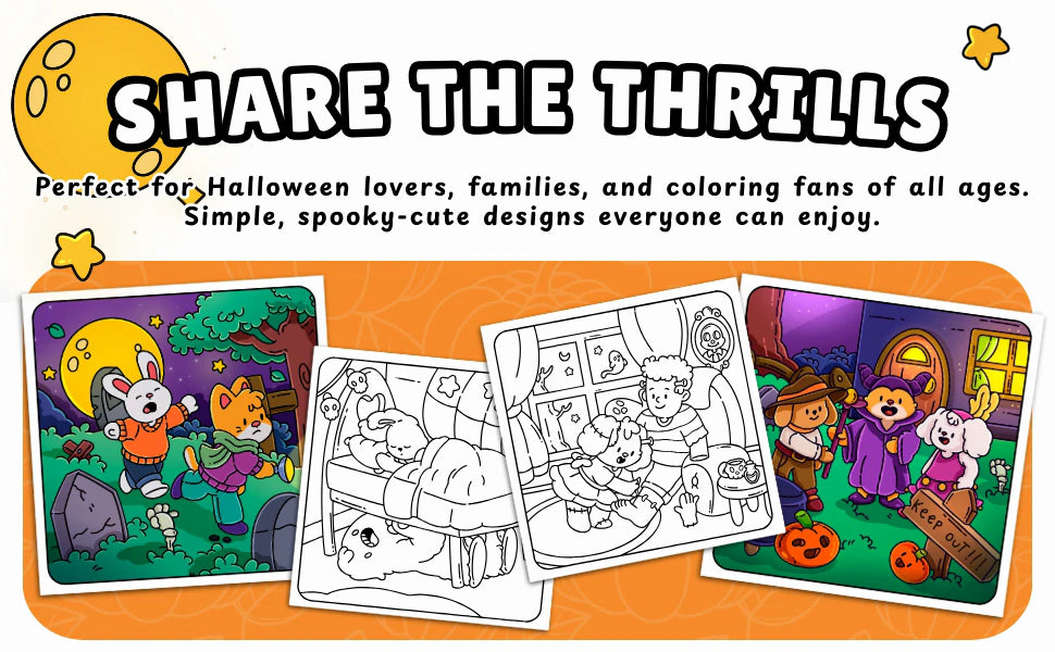 Share the Thrills: two colored pages, a graveyard dash and puppies in costume, with two black and white pages.