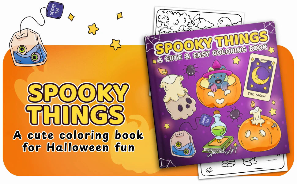 Spooky Things, A Cute & Easy Coloring Book: the cover, with a kitten in a pumpkin, a potion, a skull candle and a tarot card.