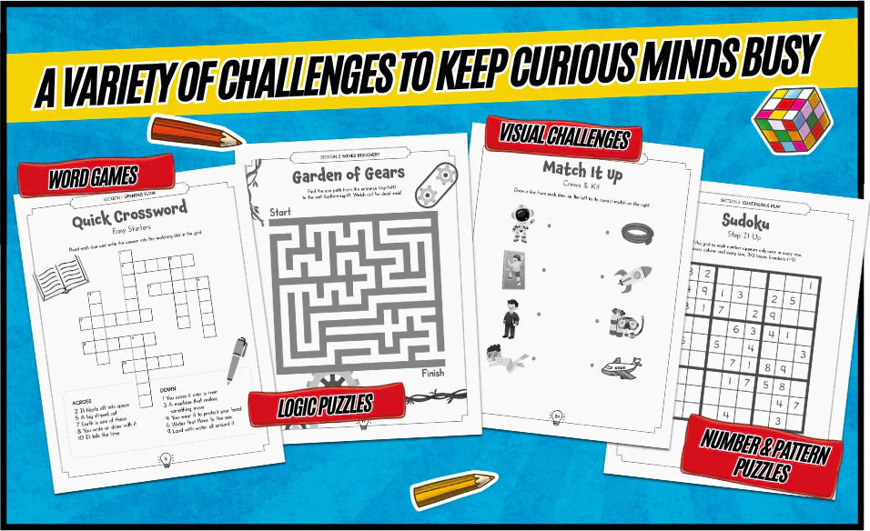 A variety of challenges to keep curious minds busy: Quick Crossword, the Garden of Gears maze, Match It Up and Sudoku pages.