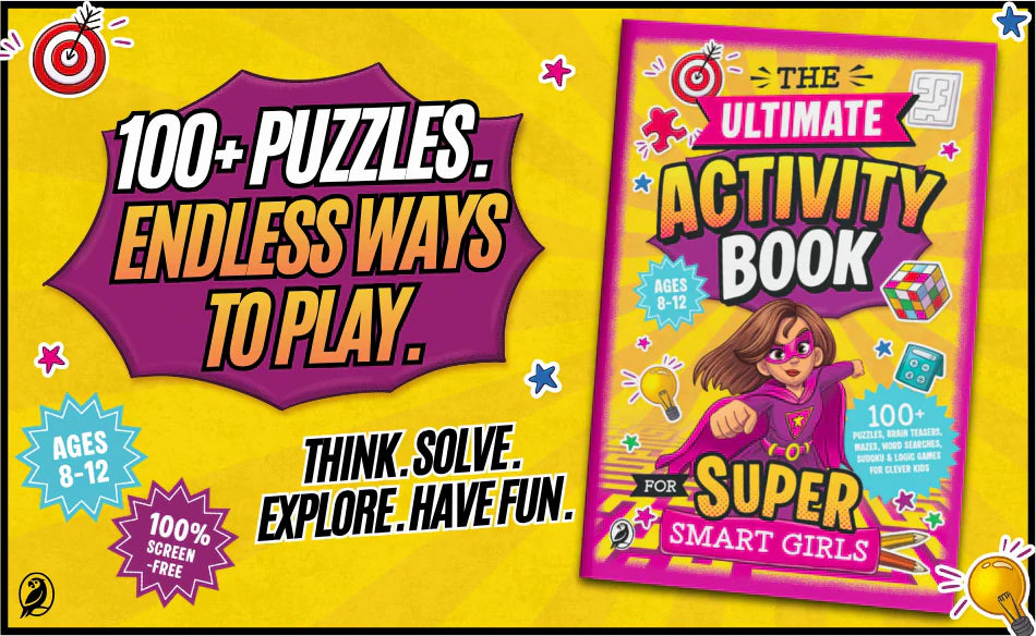 100+ puzzles, endless ways to play: the book with a superhero girl on the cover, Ages 8-12, 100% screen-free.