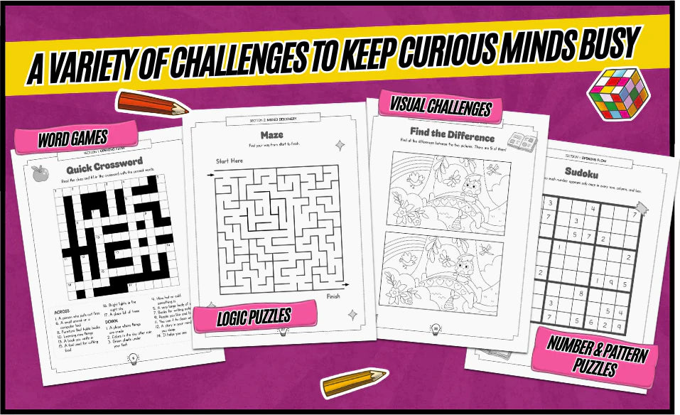A variety of challenges to keep curious minds busy: Quick Crossword, Maze, Find the Difference and Sudoku pages.