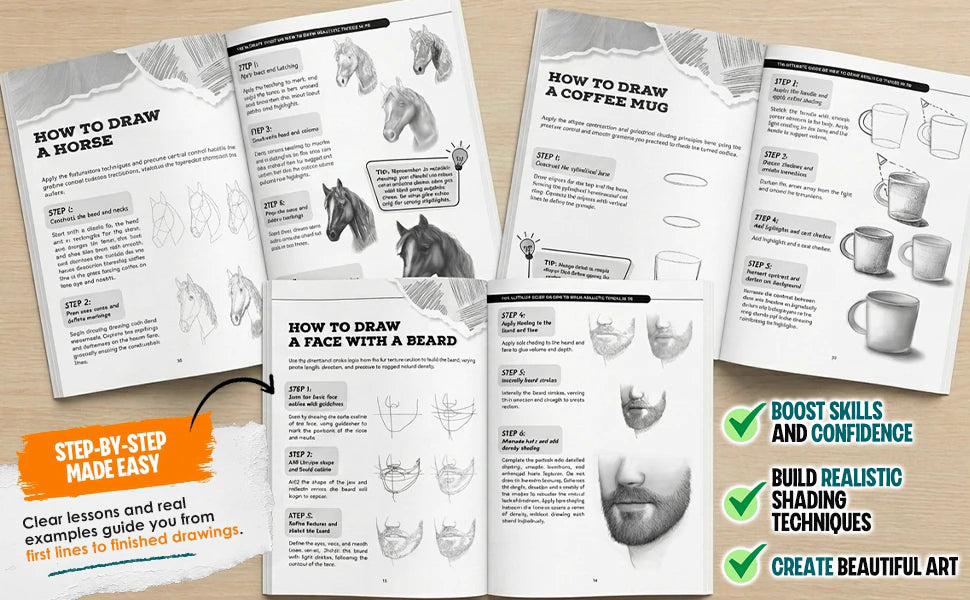 Step-by-step made easy: the book open at How to Draw a Horse, How to Draw a Coffee Mug and How to Draw a Face with a Beard. Boost skills and confidence, build realistic shading techniques, create beautiful art.
