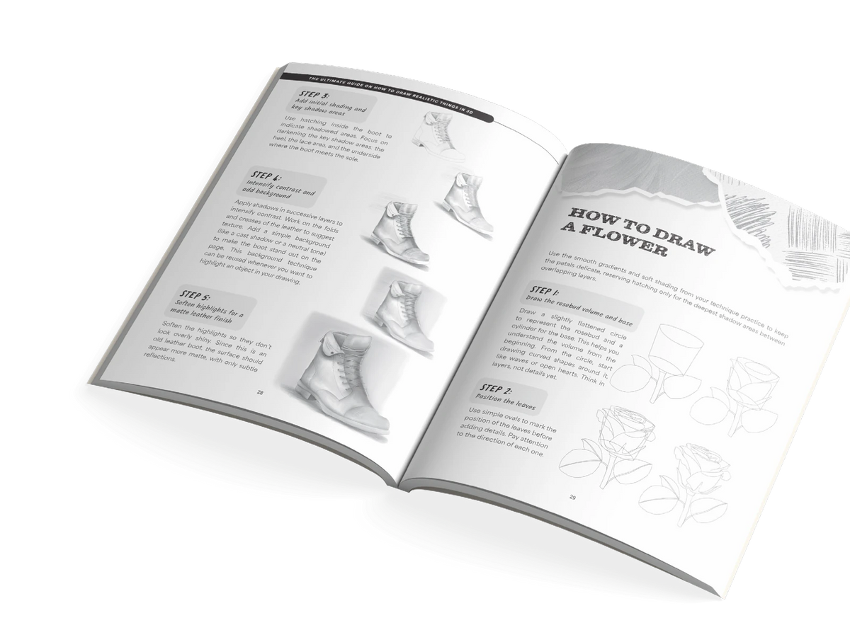 The book open at a leather boot, step by step, and How to Draw a Flower