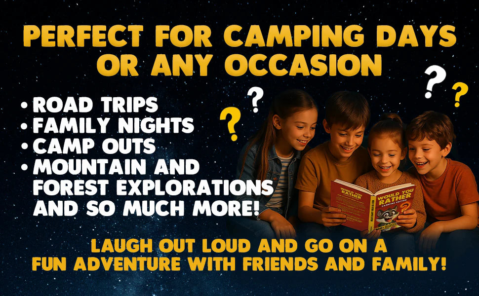 Perfect for camping days or any occasion: four kids laugh over the book at night, next to a list with road trips, family nights, camp outs and forest explorations.