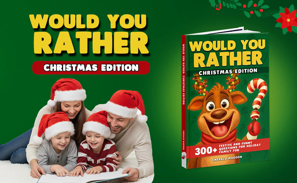 Would You Rather Christmas Edition by Emerald Maroon: a family in Santa hats reads the book together, next to the cover with the reindeer and the candy cane.