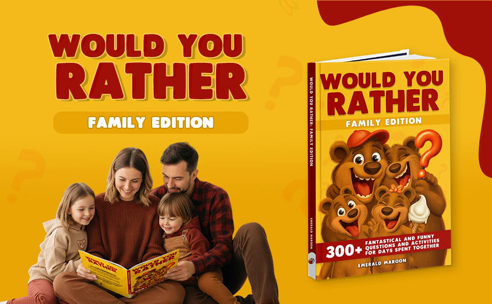 Would You Rather Family Edition by Emerald Maroon: a mom, a dad and two children read the book together on the floor, next to the cover with the bear family.