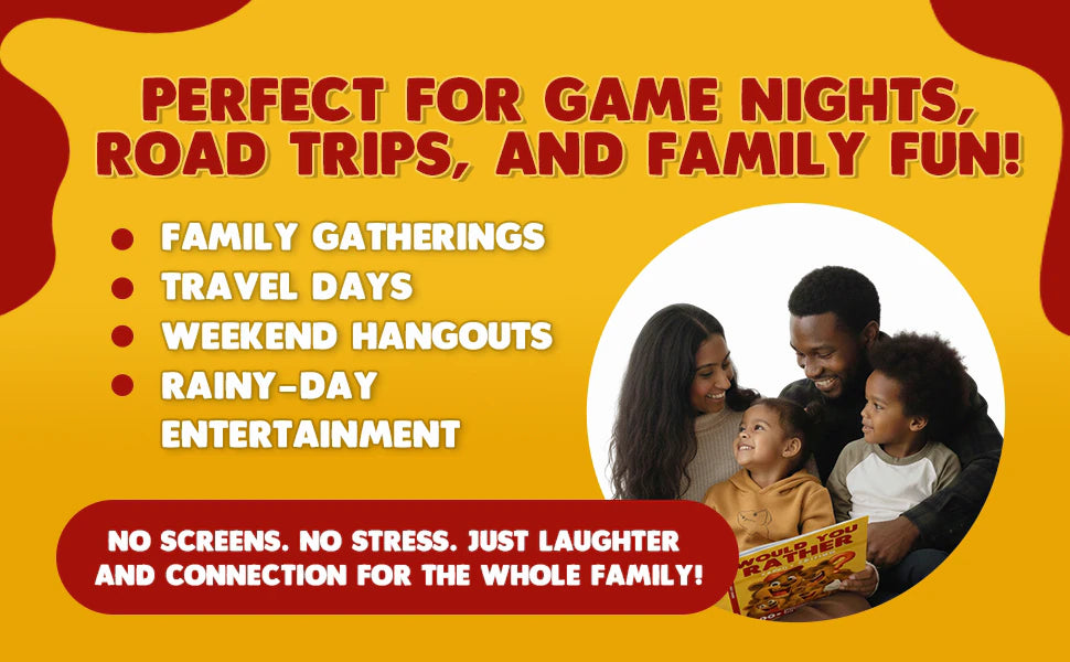 Perfect for game nights, road trips and family fun: a mom, a dad and two children read the book together, next to a list of family gatherings, travel days, weekend hangouts and rainy days.