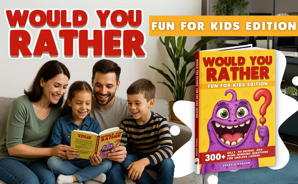 Would You Rather Fun for Kids Edition by Emerald Maroon: a mom, a dad and two children laugh over the book on the couch, next to the cover with the purple monster.