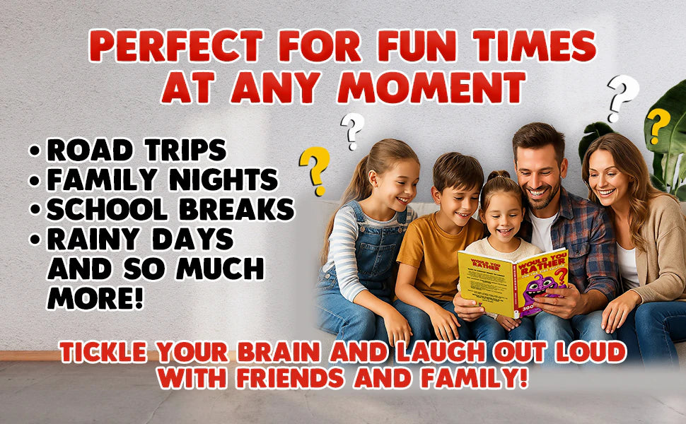 Perfect for fun times at any moment: three kids and their parents read the book on the couch, next to a list of road trips, family nights, school breaks and rainy days.