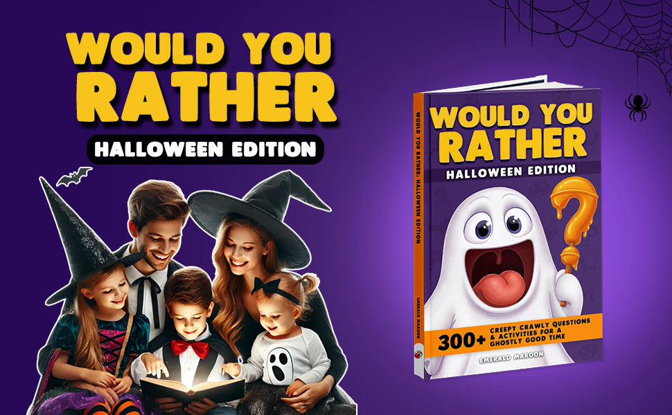 Would You Rather Halloween Edition by Emerald Maroon: a family in Halloween costumes reads a glowing book together, next to the cover with the white ghost.