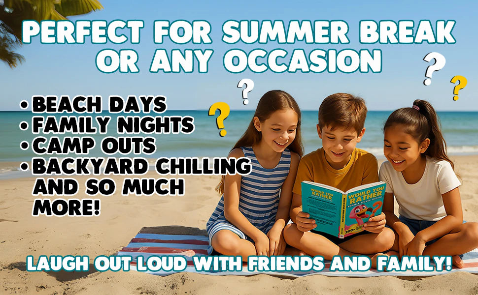 Perfect for summer break or any occasion: three kids read the book on a beach towel by the sea, next to a list with beach days, family nights, camp outs and backyard chilling.