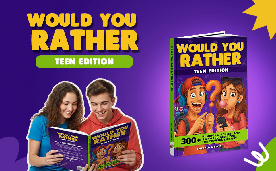 Would You Rather Teen Edition by Emerald Maroon: two teens laugh as they read the book together, next to the cover with two cartoon teens.