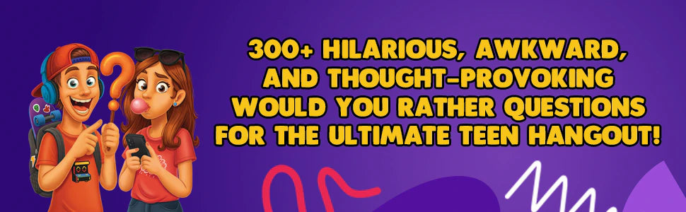 The two teens from the cover with a question mark: 300+ hilarious, awkward and thought-provoking Would You Rather questions for the ultimate teen hangout.