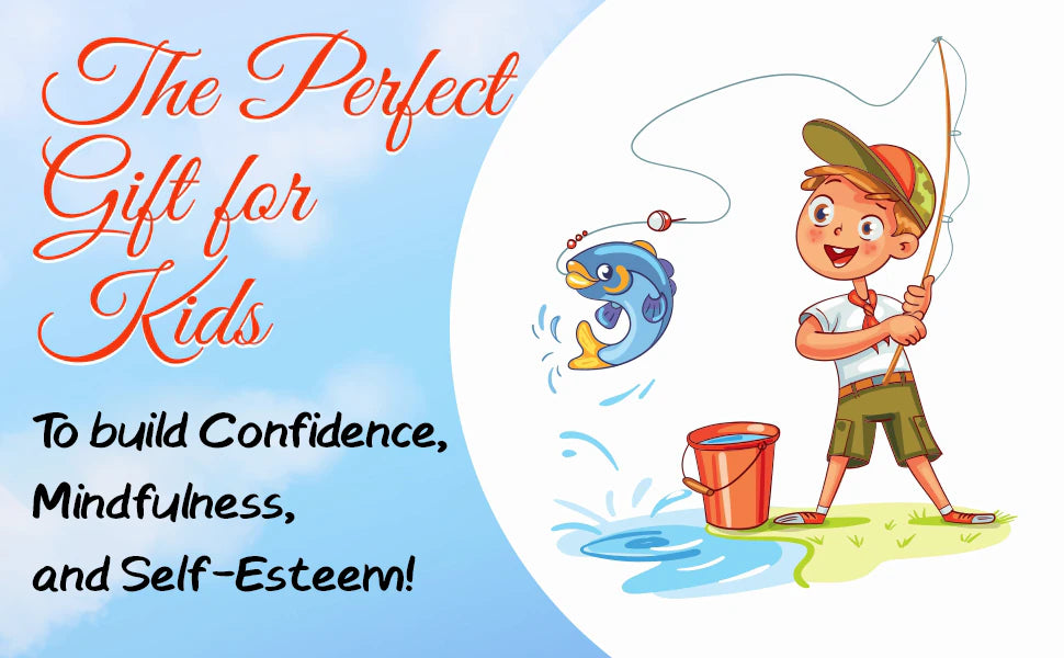 The perfect gift for kids to build confidence and self-esteem: a boy proudly holds up the fish on his fishing rod.
