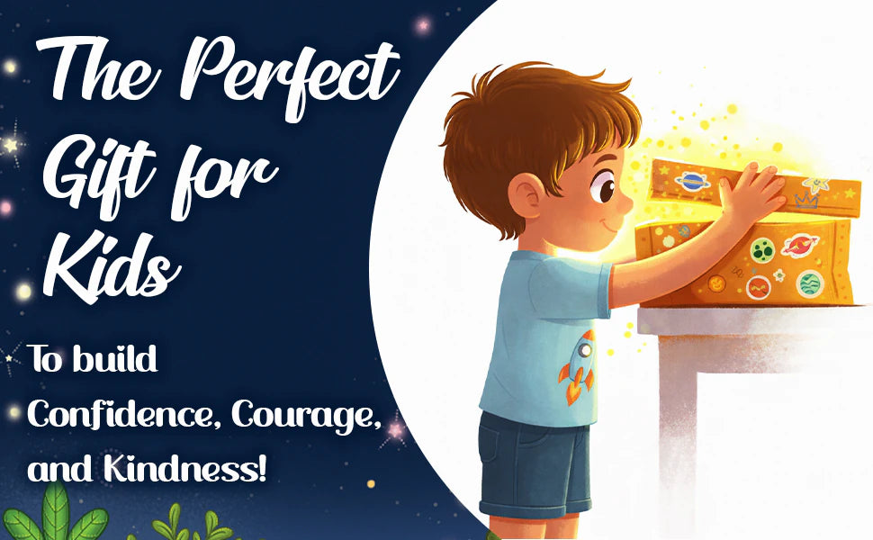 The perfect gift for kids to build confidence, courage and kindness: a boy opens a glowing gift box.