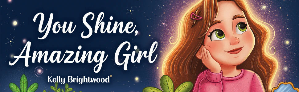 You Shine, Amazing Girl by Kelly Brightwood: a smiling girl with long hair, chin in her hand, under a starry sky.