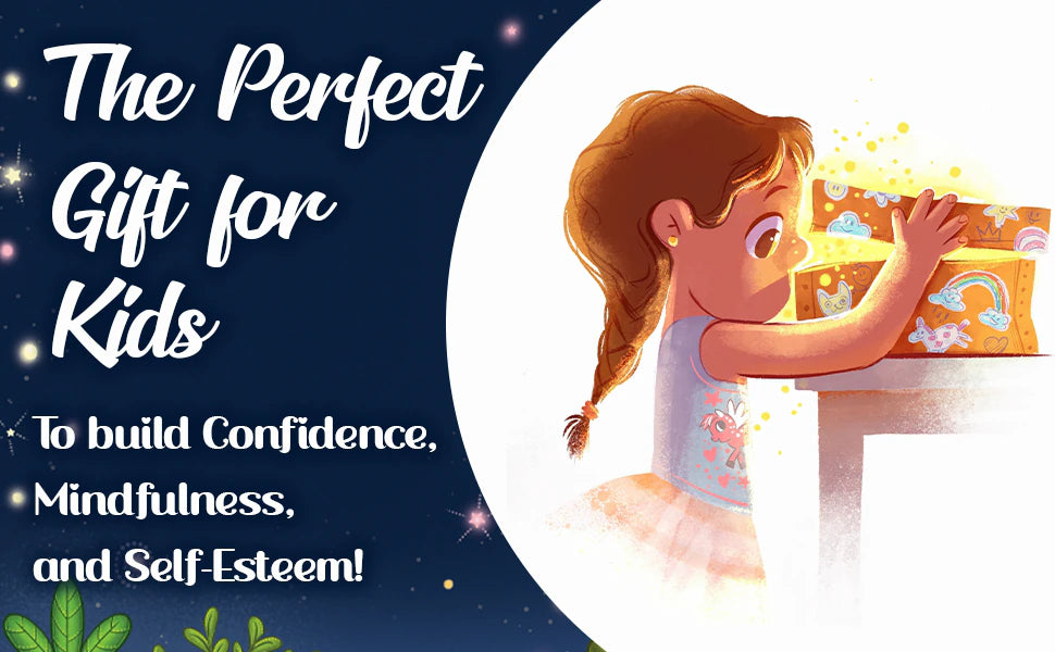 The perfect gift for kids to build confidence and self-esteem: a girl opens a glowing gift box.