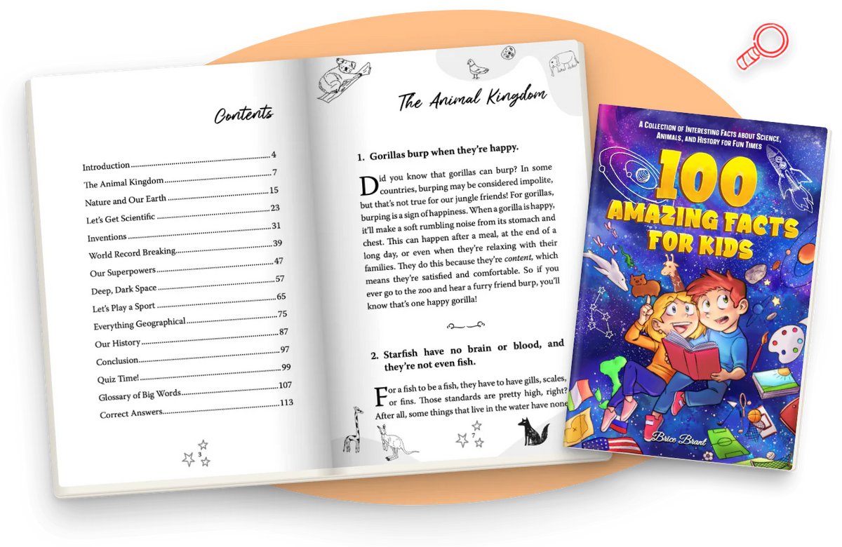 100 Amazing Facts for Kids open at the contents and The Animal Kingdom, next to the color cover.