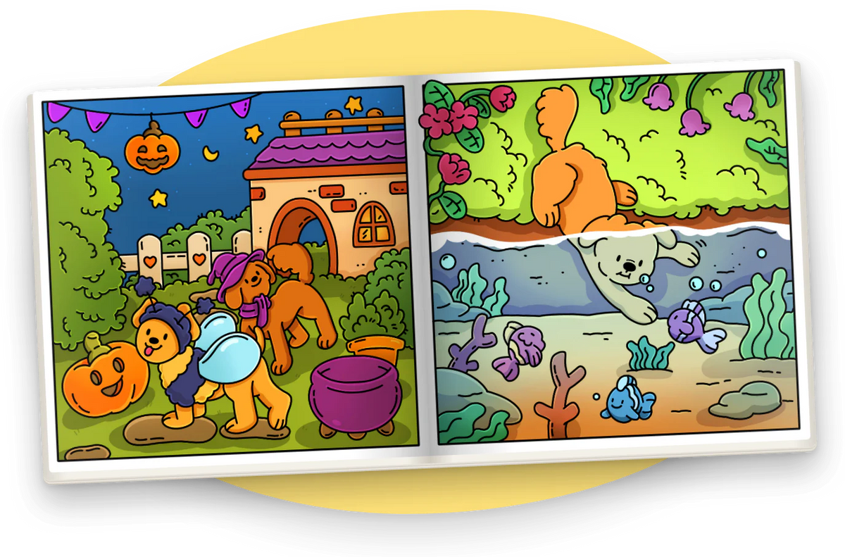 Cozy Dog Days open at two pages colored in: two dogs in Halloween costumes among pumpkins, and a pup diving with the fish.