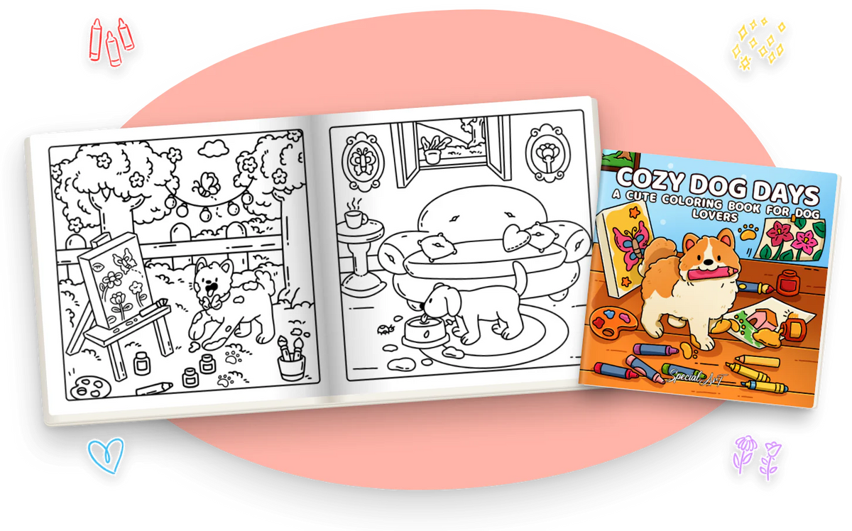 Cozy Dog Days open at two black and white pages: a puppy painting at an easel in the garden, and a dog eating from its bowl in the living room, next to the cover.