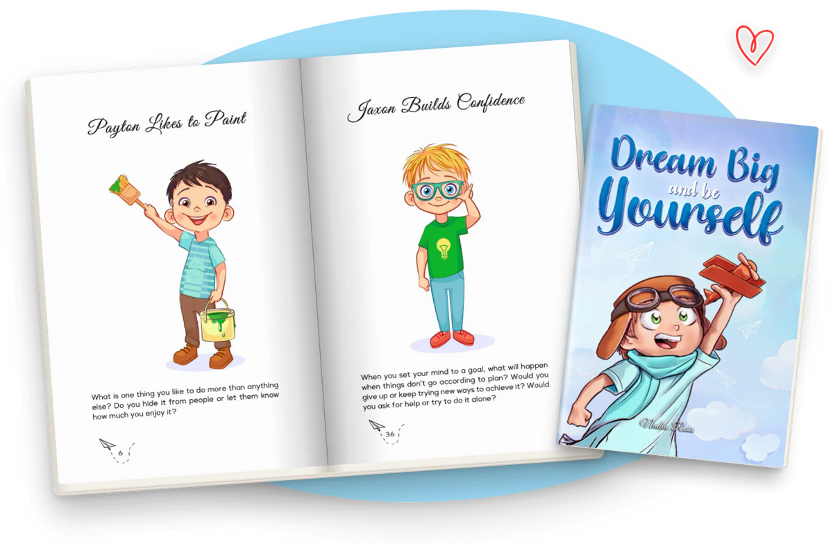Dream Big and Be Yourself open at Payton Likes to Paint and Jaxon Builds Confidence, in color, next to the cover.