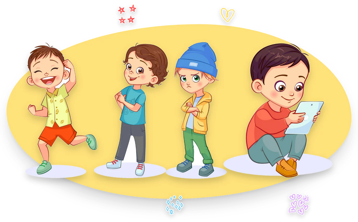 The boys of Dream Big and Be Yourself in color: Michael dancing, Darren with his arms crossed, Liam in a blue beanie and Sheldon with a tablet.