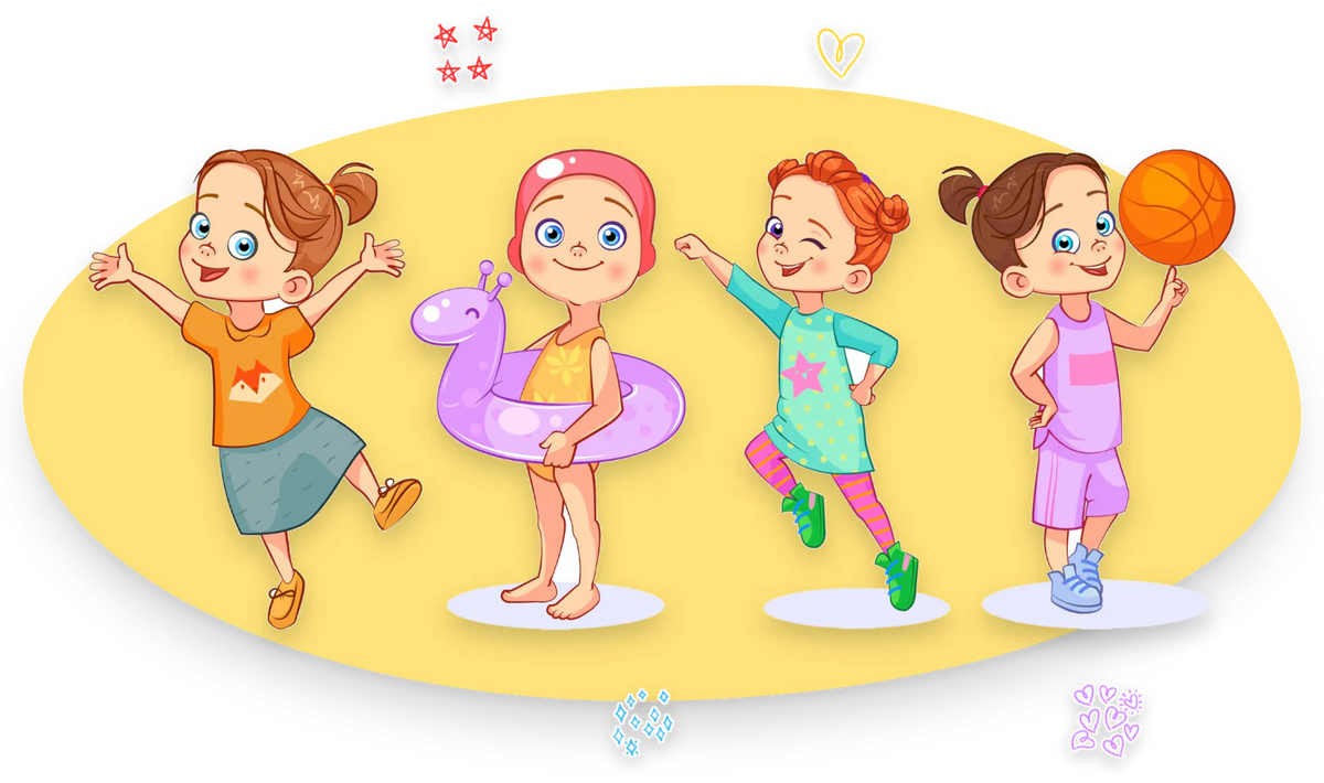 The girls of Dream Big and Be Yourself in color: Charlie jumping for joy, Alice with her swim ring, Liza running and Darla spinning a basketball.