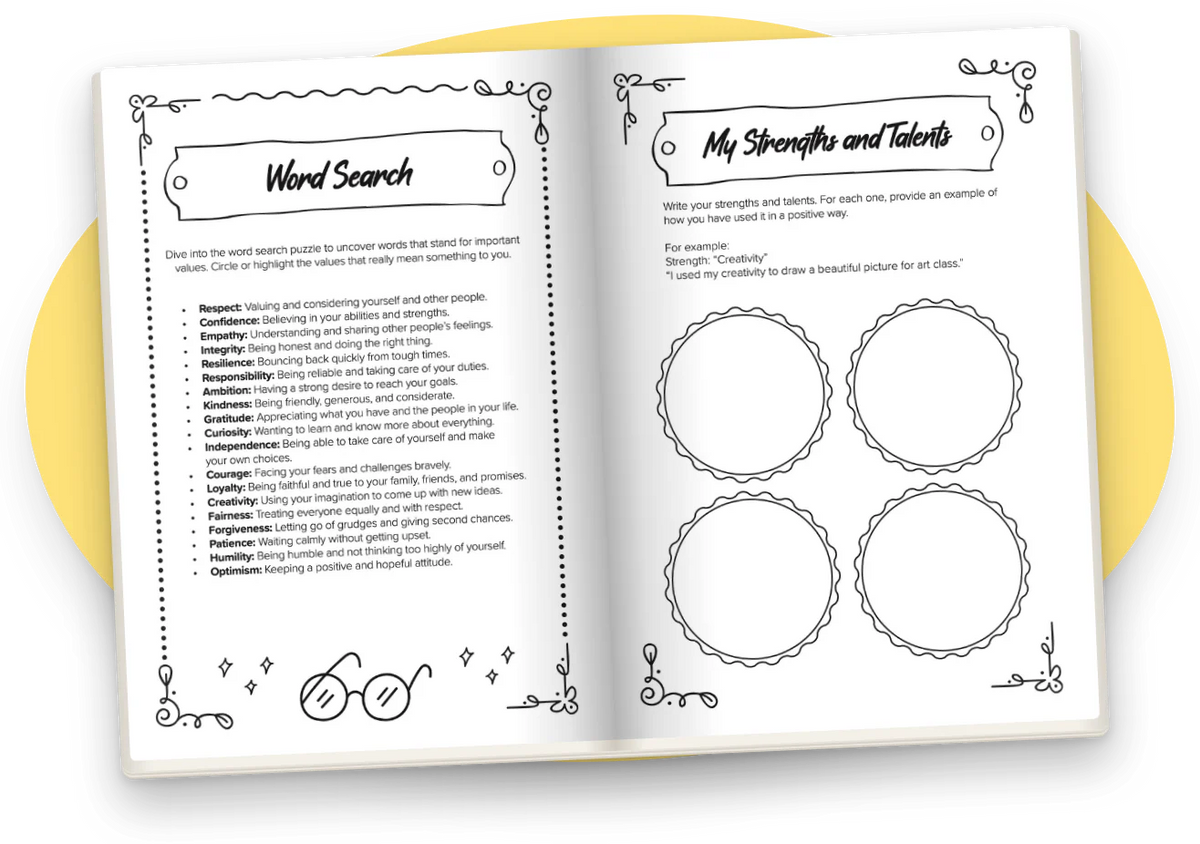 Empowering Journal for Girls open at a Word Search with values like Respect and Kindness, and at My Strengths and Talents.