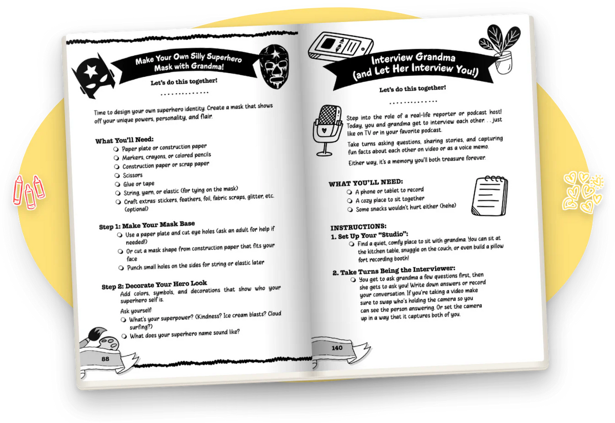 Grandma & Me, Grandmothers & Grandsons open at two activity pages: A silly superhero mask and Interview Grandma.
