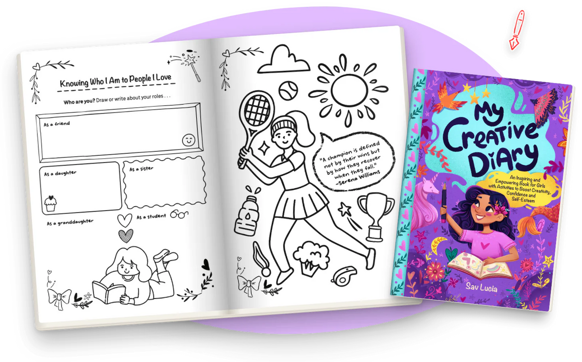 My Creative Diary open at Knowing Who I Am to People I Love and a tennis player to color with a Serena Williams quote, next to the color cover.