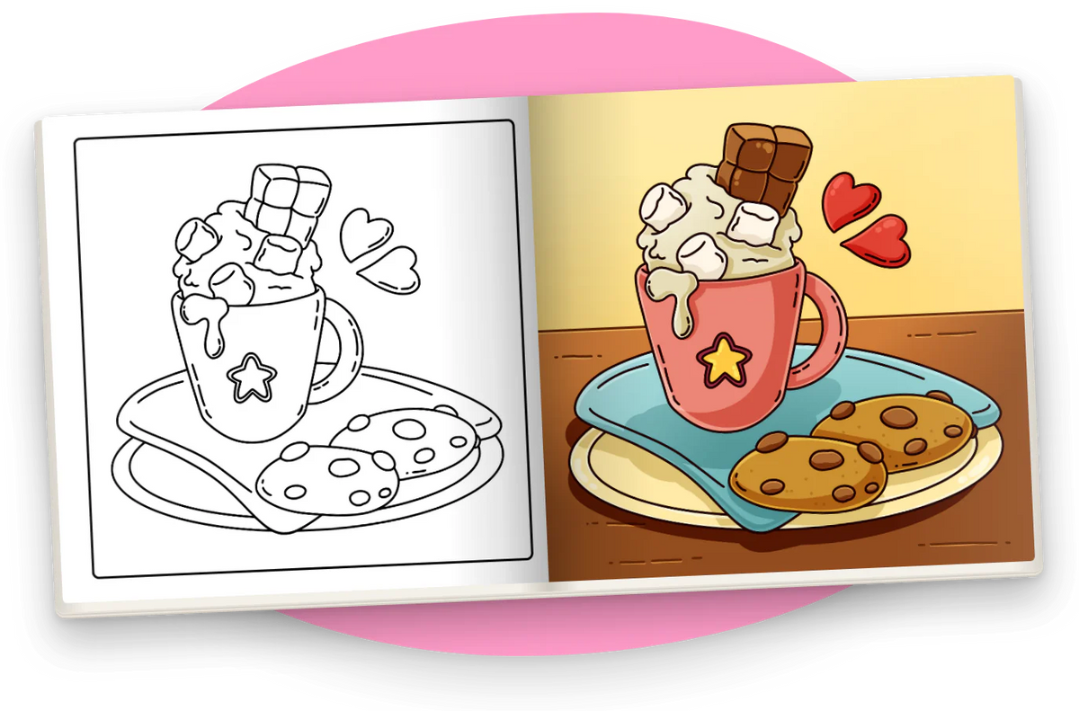 Self-Love Vibes open at the same page twice: a mug of cocoa with marshmallows and cookies, in black and white and colored in.