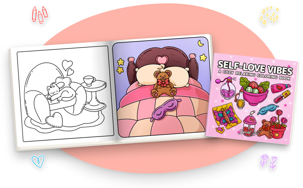 Self-Love Vibes open at two pages, next to the cover: a cat napping in an armchair in black and white, and a teddy bear in bed colored in.