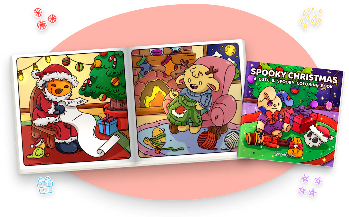 Spooky Christmas open at two pages colored in: a pumpkin-headed Santa with his gift list and a reindeer knitting by the fireplace, next to the cover.