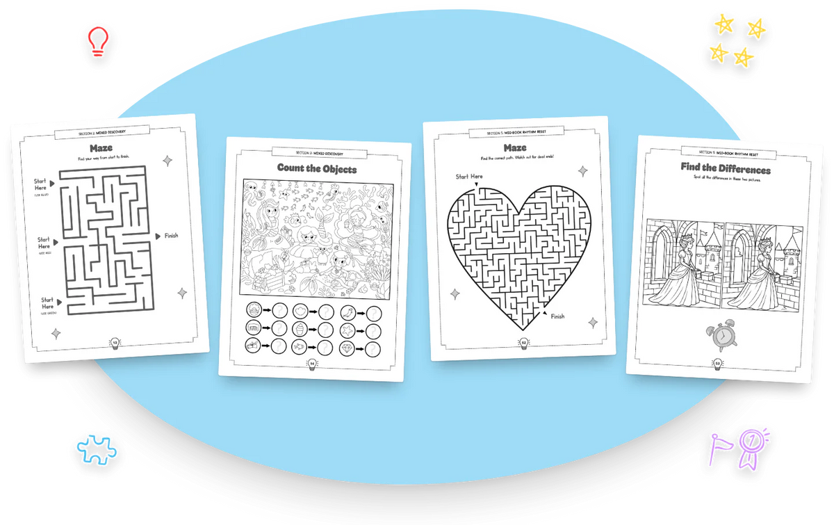 Four pages of the book in a row: a maze, count the objects, a heart-shaped maze and find the differences.