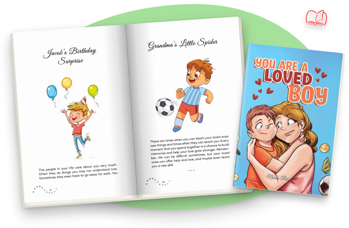 You Are a Loved Boy open at Jacob’s Birthday Surprise and Grandma’s Little Spider, in color, next to the cover.