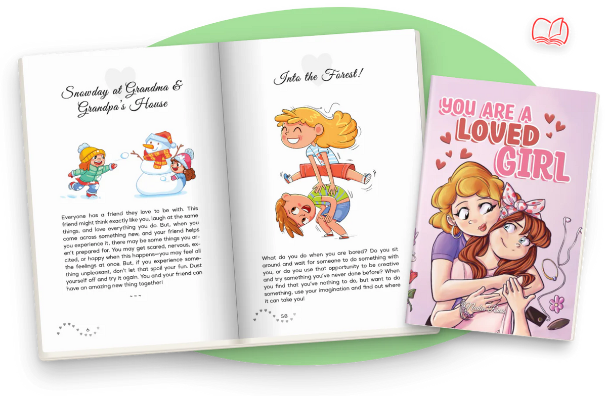 You Are a Loved Girl open at Snowday at Grandma & Grandpa’s House and Into the Forest!, in color, next to the cover.