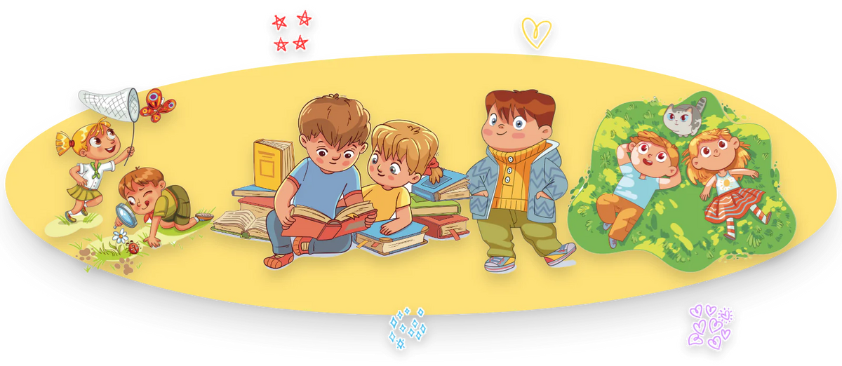 The kids of You Are Amazing in color: Danny and Delilah with a butterfly net and a magnifying glass, Tony and a friend reading among books, Finn in his cozy jacket, Natalie and Nate lying in the grass with a cat.