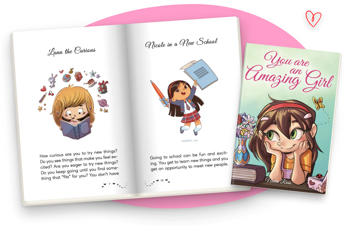 You Are an Amazing Girl open at Luna the Curious and Nicole in a New School, in color, next to the cover.