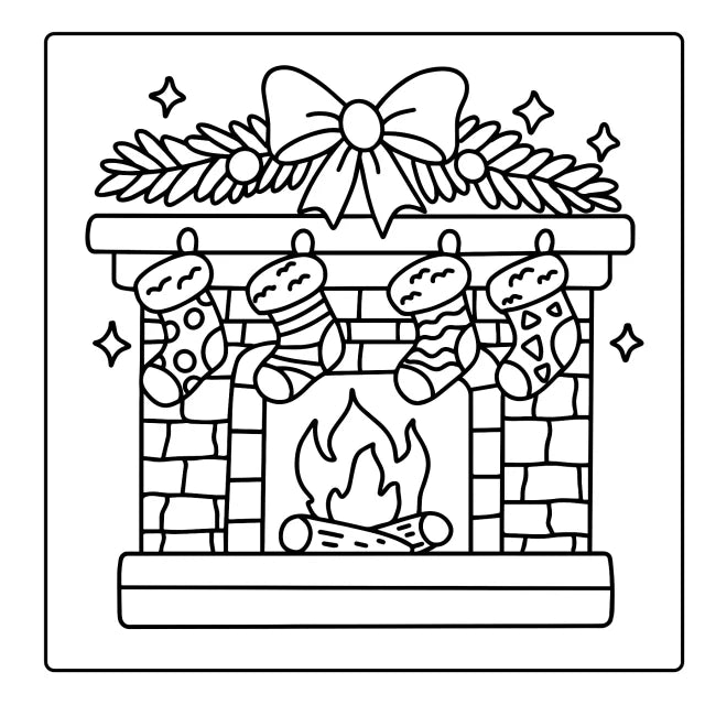 A page from Cozy Winter: a fireplace with stockings, ready to color