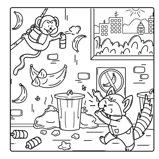 A page from Funny Crimes: a cartoon raccoon sneaking out of a window