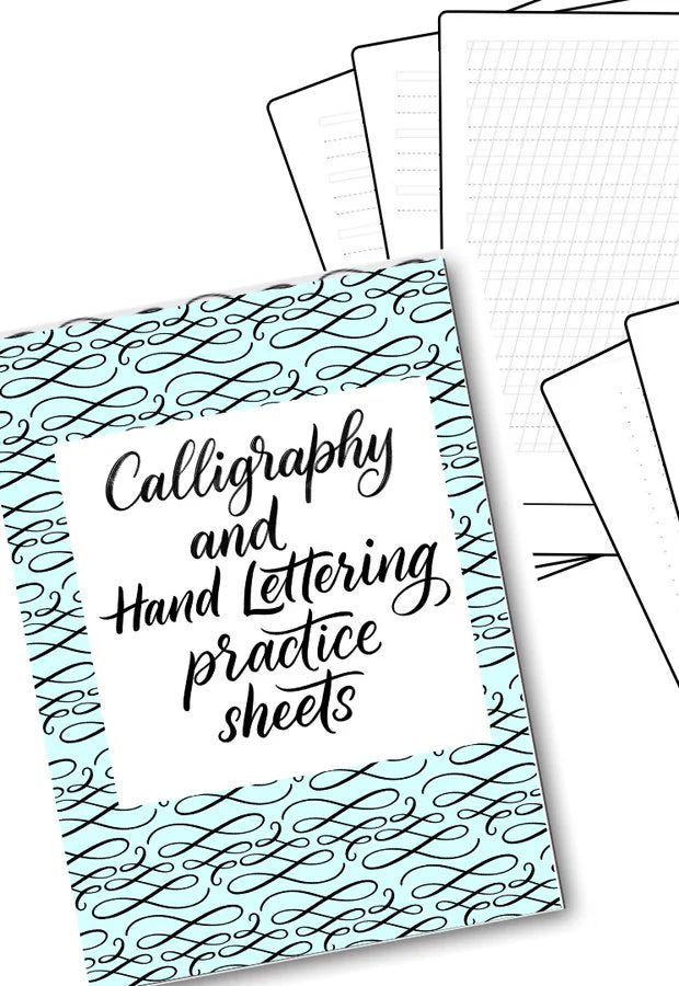 The cover of the calligraphy and hand-lettering practice sheets, with blank practice pages behind