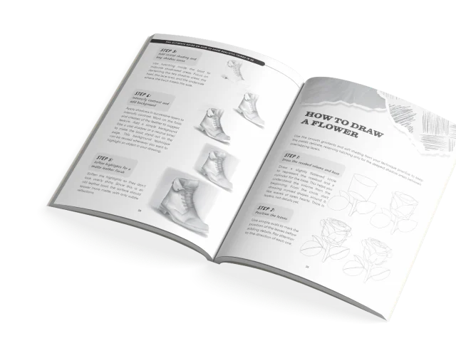 An open page from The Ultimate Guide on How to Draw Realistic Things in 3D: how to draw a flower