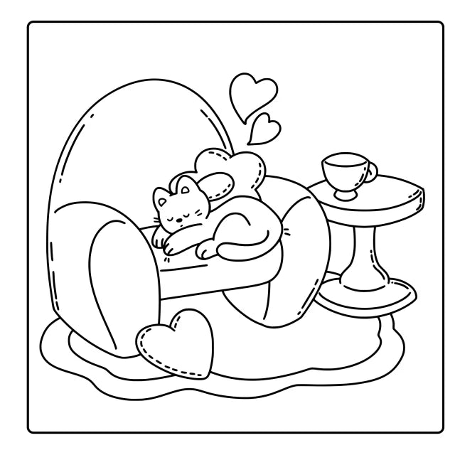 A page from Self Love Vibes: a cat asleep in an armchair, ready to color