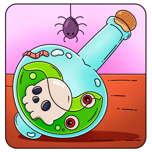 A colored page from Spooky Things: a potion bottle with a skull