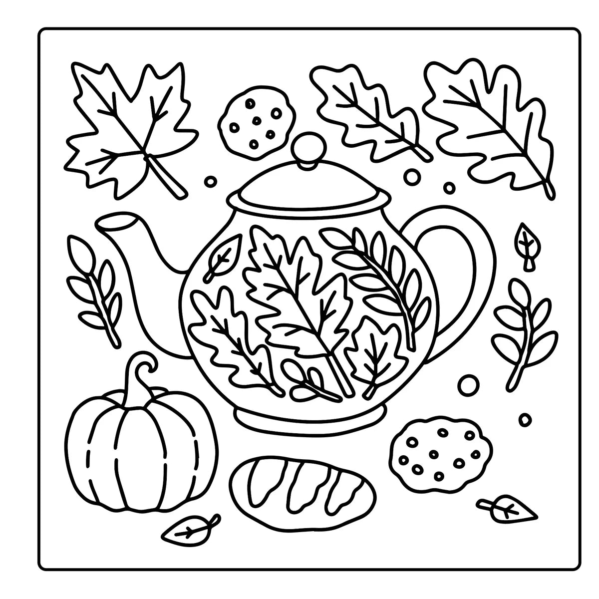 Cozy Autumn, inside page: A teapot of fall leaves