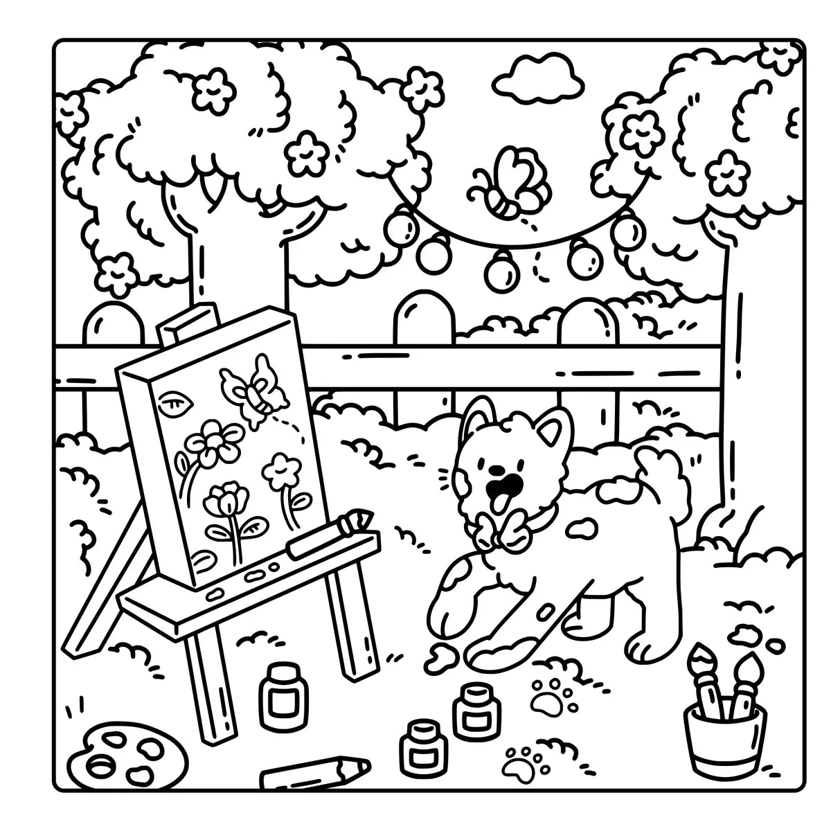 Cozy Dog Days, inside page: A puppy painter in the garden