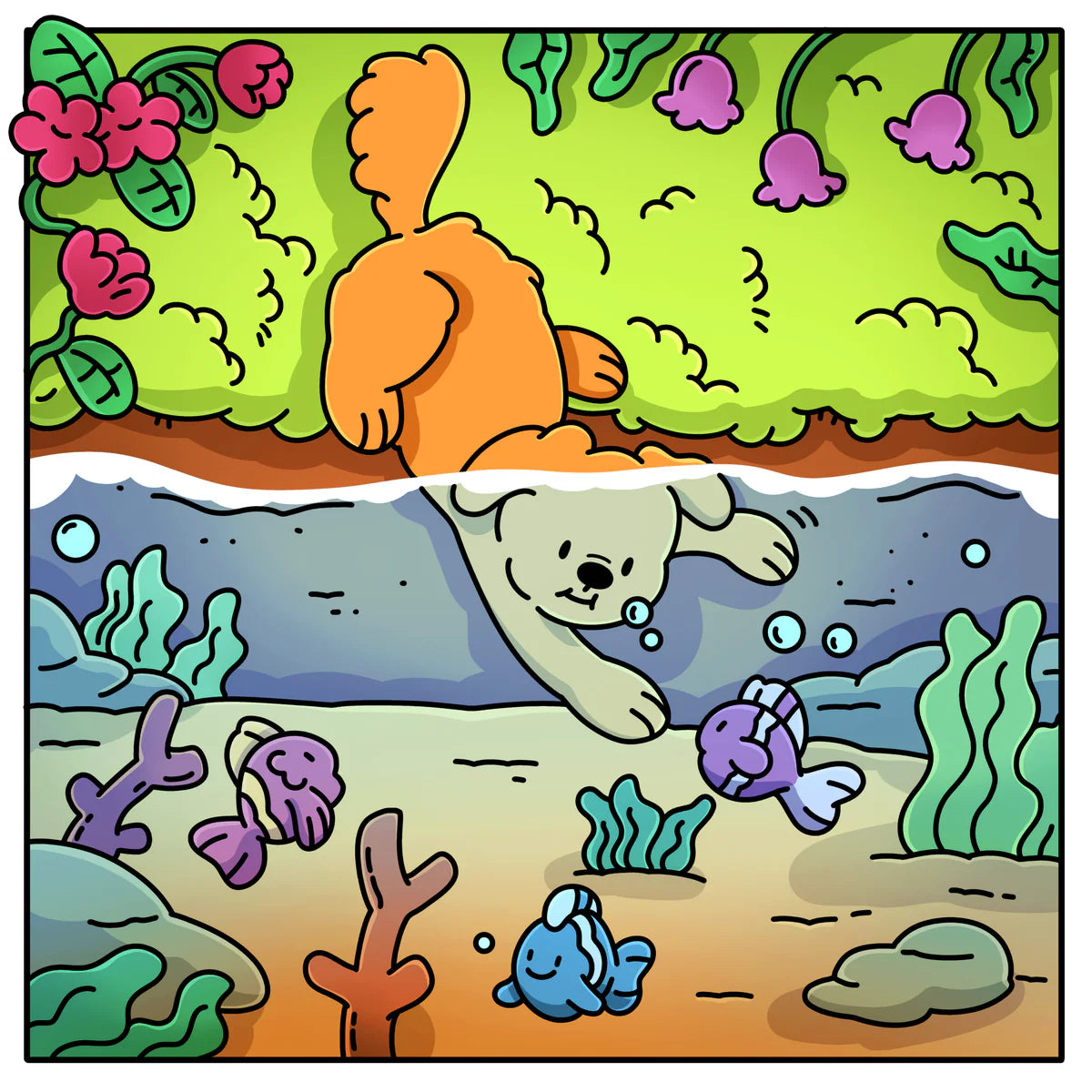 Cozy Dog Days, inside page: A dive with the fish, colored in