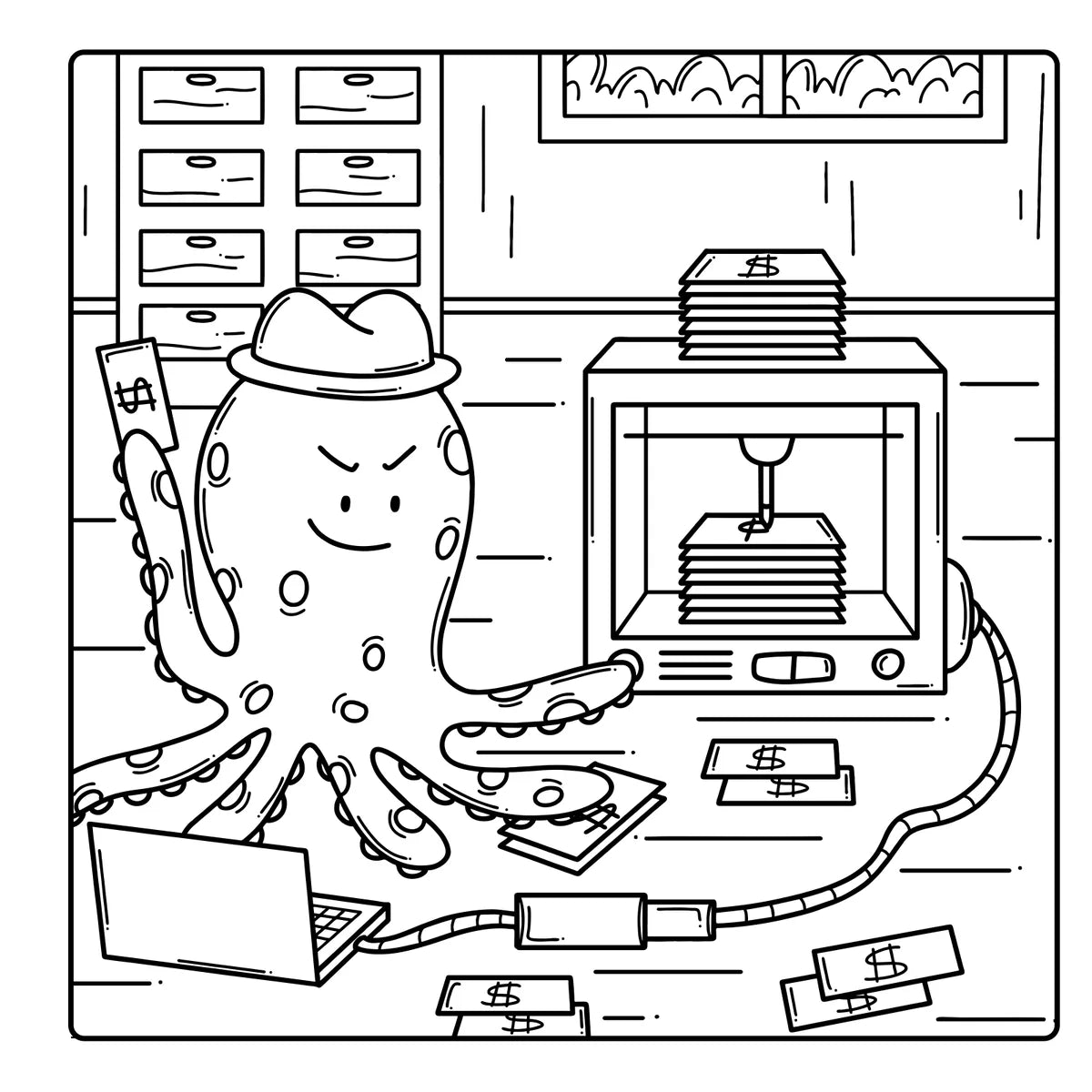 Funny Crimes, inside page: An octopus at the printer