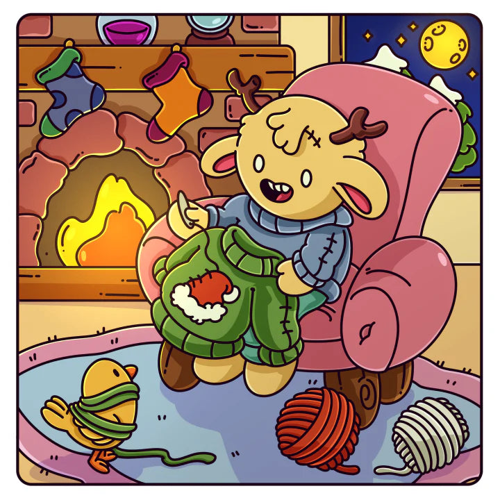 A colored page from Spooky Christmas: a reindeer in an armchair by the fire