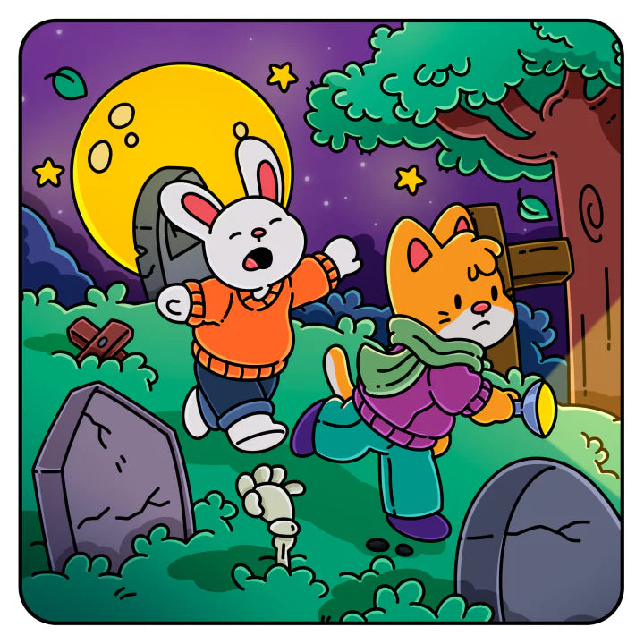 A colored page from Spooky Halloween: a bunny and a cat running through a cemetery under a big yellow moon